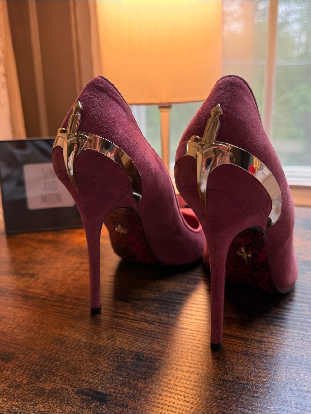 Cesare Paciotti Burgundy Suede Stiletto Pumps with Gold Dagger Emblem